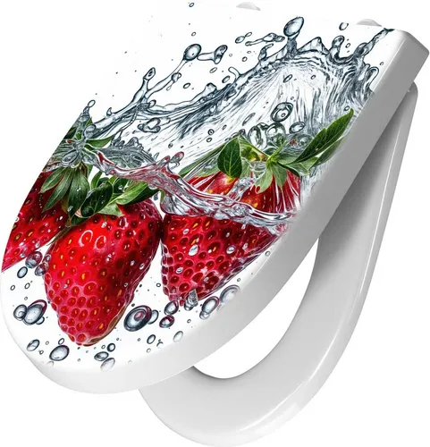 Primedeco WC-Sitz Erdbeeren im Wasser mit Absenkautomatik - Toilettendeckel aus Duroplast mit einzigartigem Erdbeeren-Motiv und leiser Absenkautomatik. Hygienisch, pflegeleicht und ideal für ein stilvolles Badezimmer.