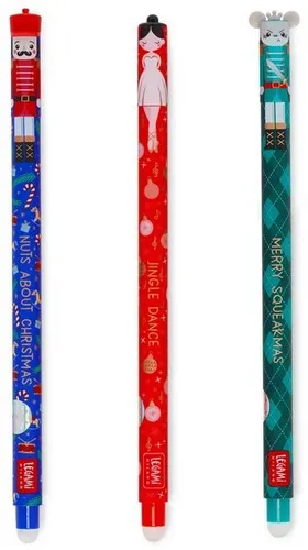 Legami Set mit 3 löschbaren Gelstiften - Erasable Pen "The Nutcracker" - Geschenkkörbe mit 3 nachfüllbaren, schnelltrocknenden Gelstiften in gemischten Farben, ideal für kreative Schreibprojekte.