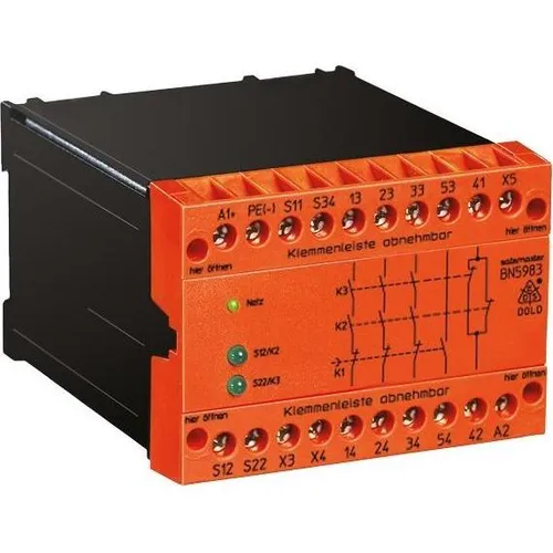Dold&Söhne Not-Aus-Modul BN5983.53 DC24V - Sicherheitsrelais für Not-Aus-Kreise mit 4 sicherheitsgerichteten Ausgängen, ideal für die Überwachung von Positionsschaltern und Tragschienenmontage.