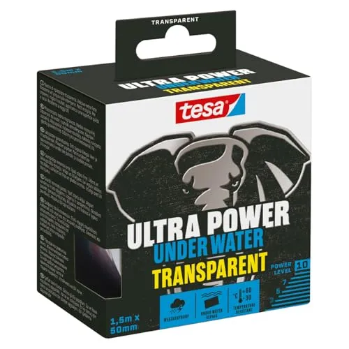 tesa Ultra Power Under Water Transparent - wasserfestes Klebeband für Reparaturen - Zuverlässiges Klebeband mit starker Klebeleistung, ideal für nasse Oberflächen und Reparaturen unter Wasser. Robust und langlebig, perfekt für den Innen- und Außenbereich bei jedem Wetter.