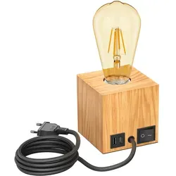 Tischlampe HITO von ledscom.de, Holz massiv, USB, inkl. E27 Retro Lampe - Stilvolle Tischleuchte aus echtem Gummibaumholz mit USB-Anschluss für praktisches Laden von Geräten. Ideal für jeden Raum und sorgt für eine warme, natürliche Atmosphäre.