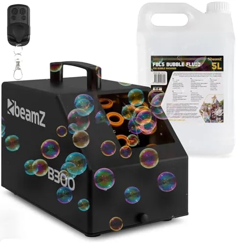 BeamZ B300 Seifenblasenmaschine mit 5L Flüssigkeit, Fernbedienung, 25 Watt, Luftblasenmaschine, Bubble Machine, 10.000 Bubbles pro Minute, Seifenblasen Hochzeit - Schwarz