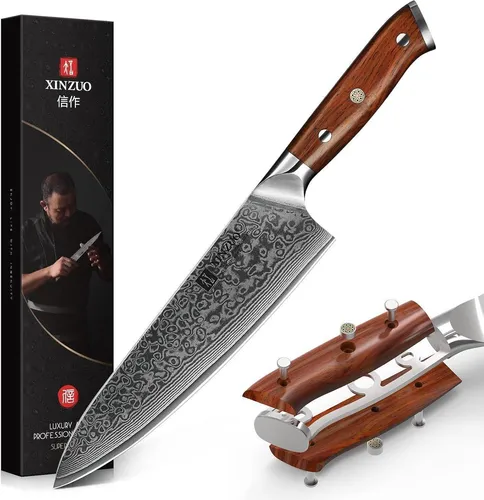XINZUO 21cm Damaskus Chefmesser aus 67 Schichten Damaststahl - XINZUO Küchenmesser 21cm für präzises Schneiden. Handgeschmiedet mit ergonomischem Rosenholzgriff. Ideal für Fleisch, Fisch und Gemüse. Perfekt für Hobby- und Profiköche.