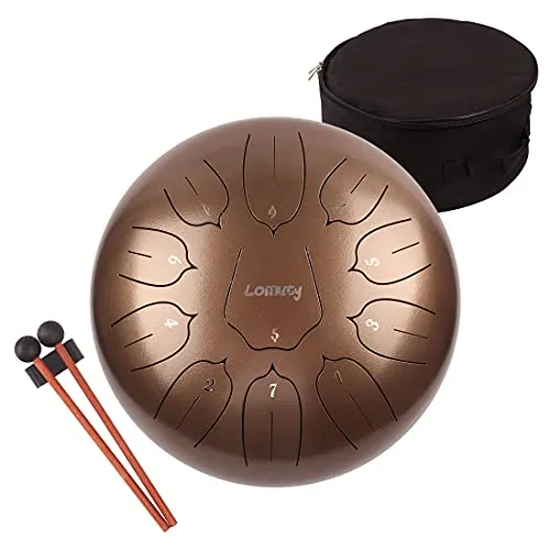 LOMUTY Stahlzungentrommel, 12 Zoll 30 cm Steel Tongue Drum, C-Dur 11 Noten, Handtrommel HandPan Drum mit Drumsticks,Musikbuch,Tragetasche und Fingerpicks(Braun)
