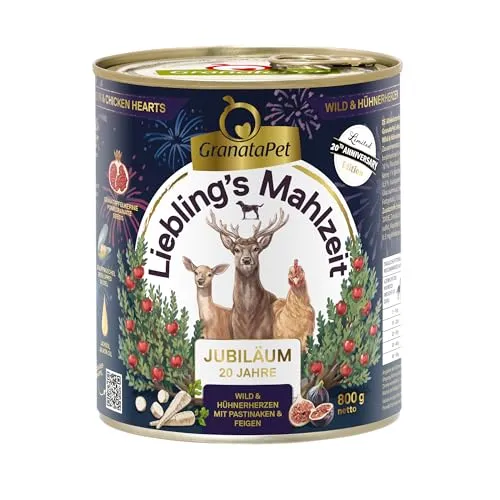 GranataPet Liebling's Mahlzeit Jubiläumsedition Wild und Hühnerherzen, Nassfutter für Hunde, Hundefutter ohne Getreide und ohne Zuckerzusätze, Alleinfuttermittel, 6 x 800 g