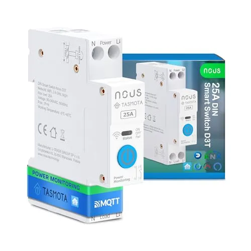 Nous Intelligenter DIN-Schalter 25A mit Tasmota (ESP32), Energieüberwachung, kompatibel mit MQTT, Home Assistant, Matter, Sprachsteuerung mit Alexa, Google Assistant