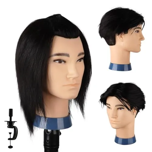 DaizySight Mann Frisierkopf 100% Echthaar, Frisurenkopf Männlicher Haarschnitt Übungskopf mit Haar, Friseur Kopf Mannequin Head Puppenkopf mit Tischklemme (Schwarz, 35 cm)