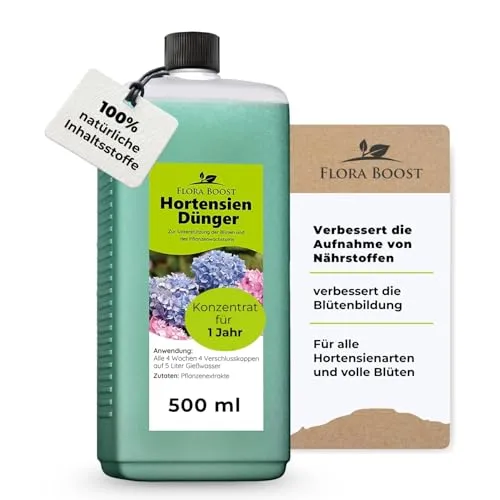 Flora Boost Hortensien Dünger Flora Boost 500ml I Für bis zu 100L Gießwasser I Blumendünger für alle Hortensien Arten I Flüssiger Blatt- & Wurzeldünger I 100% natürlicher Pflanzendünger
