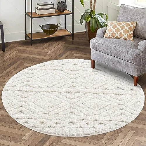 carpet city Hochflor Teppich Rund Creme 120 cm - Teppich für Wohnzimmer und Schlafzimmer mit stilvollem Hochtief-Muster, kuschelweich und pflegeleicht, ideal für jeden Raum.