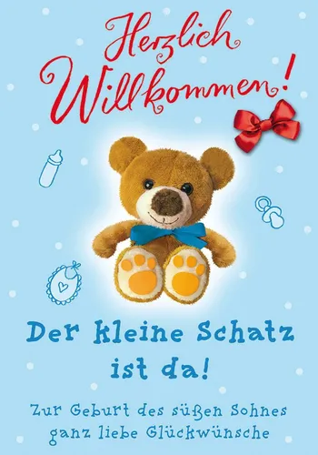 Perleberg Geburtskarte mit Teddy-Motiv - Basic Classic Collection - hochwertige Karte zur Geburt für Jungen - Liebevolles Geschenk zur Geburt mit passendem Umschlag - 11,6 x 16,6 cm
