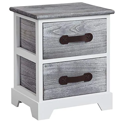 CARO-Möbel Nachttisch Salerno in Weiß Grau - Eleganter Nachttisch im Shabby Chic Vintage Look, mit 2 praktischen Schubladen für Stauraum und stabiler Paulownia-Holz-Korpus. Sofort einsatzbereit und ideal für die Dekoration Ihres Schlafzimmers.