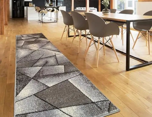 oKu-Tex Kurzflorteppich mit geometrischem Muster, 80x250 cm - Moderner Wohnzimmerteppich in Grau mit weichem, dichten Flor. Ideal für Fußbodenheizung geeignet und pflegeleicht – ein stilvoller Akzent für Ihr Zuhause.
