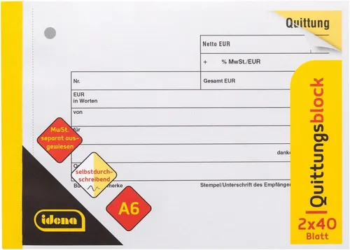 Idena Kugelschreiber Idena Quittungsblock mit Durchschlag - DIN A6 quer, 2x40 Blatt, selbst