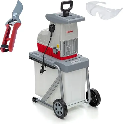 IKRA Elektro Gartenhäcksler Walzenhäcksler ILH 3000 A - Häcksler & Mulcher mit starkem 3.000W Motor, ideal für Äste bis 44mm, leise und wartungsarm, inkl. Gartenschere und Schutzbrille für sicheres Arbeiten.