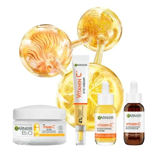 Garnier Vitamin C Glow Booster Set - Hautpflegeset mit 4 Teilen zur Milderung dunkler Flecken und für strahlende Haut. Enthält Tages- und Nachtserum sowie Augenpflege und Tagescreme mit Vitamin C für ein frisches Hautbild.