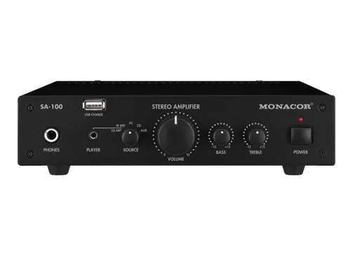 Monacor SA-100 Stereo-Verstärker 2 x 50W - Kompakter Hifi-Verstärker mit 2 x 50W, lüfterlosem Betrieb für geräuschlosen Genuss und USB-Anschluss zum Laden externer Geräte – ideal für Musikliebhaber.