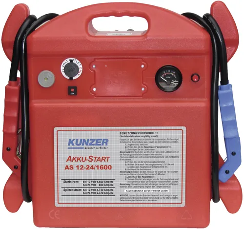 Kunzer Starthilfegerät AS 12-24/1600 – Leistungsstark und Vielseitig - Fahrzeugbatterie-Ladegerät für PKW, Transporter & LKW. Mit 4740A Spitzenstrom und 40000mAh Kapazität bietet es zuverlässige Starthilfe für Benzin- und Dieselmotoren.
