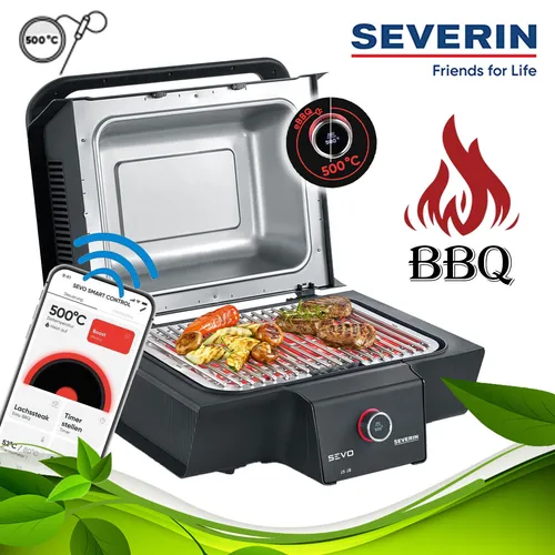 Severin Elektro Barbecue Tisch Grill PG 8138 mit App Steuerung - Tischgrill mit 3000 W, integrierten Thermometer und App Steuerung für präzises Grillen, ideal für Gartenpartys oder Balkon.