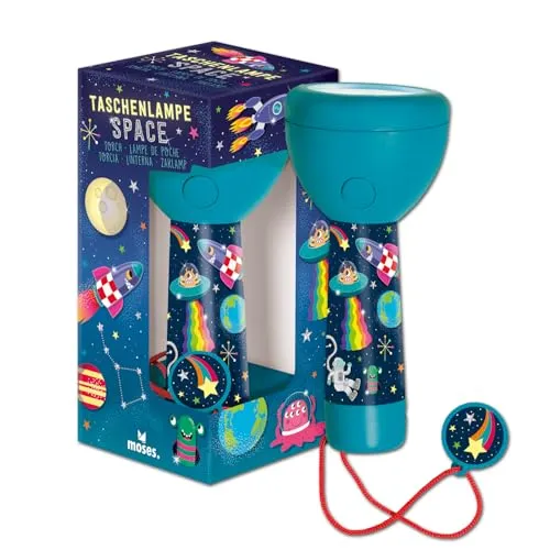 Taschenlampe Space – Kinderfreundlich und vielseitig - Ideal für Nachtwanderungen und Campingabenteuer. Mit 4 LEDs, 3 Leuchtmodi und robustem Design ist die Taschenlampe perfekt für Kinder. Aufladbar über USB und mit coolem Space-Design!