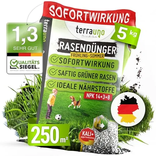 TerraUno Rasendünger Frühjahr/Sommer I Sofortwirkung für saftiges grün I 5 kg für 250 m² I gesunder Rasen verdrängt Moos und Unkraut I NPK Dünger Rasen I Gegen Trockenstress I Für den Streuwagen