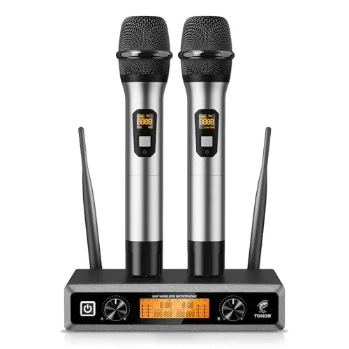 TONOR UHF Funkmikrofon Set, professionelles dynamisches Drahtlos-Doppelmikrofonsystem mit 2 Handmikrofonen, Karaoke-Set für Party, DJ, Kirche & Hochzeit, bis zu 60 m Reichweite, TW820, Silber