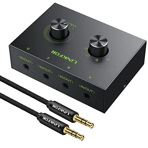 LiNKFOR 3.5mm Stereo Audio Switcher - Praktischer 4-Port Audio Umschalter für Kopfhörer und Lautsprecher. Einfach zwischen Geräten wechseln, platzsparend und ideal für vielseitige Audioanwendungen.