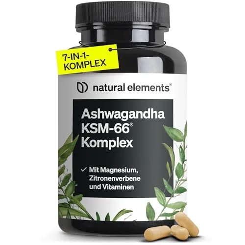 Ashwagandha Komplex 600mg – Hochdosierte 120 Kapseln - Nahrungsergänzungsmittel mit KSM-66, Zitronenverbene, Magnesium und Vitaminen, fördert Stressabbau und Wohlbefinden – vegan und laborgeprüft, in Deutschland produziert.