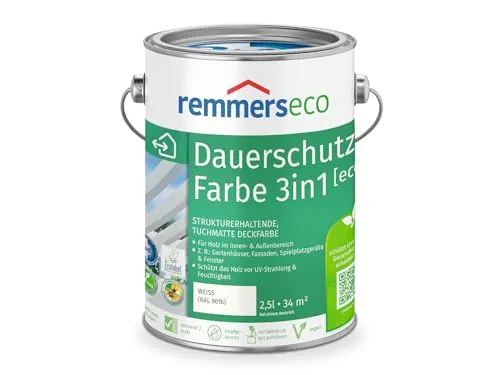 Remmers Dauerschutz-Farbe 3in1 [eco] weiß (RAL 9016), 2,5 Liter - Lacke – Wasserbasierte 3in1 Dauerschutzfarbe für innen und außen, vereint Isoliergrund, Zwischen- und Schlussbeschichtung in einem Produkt, ideal für Holz mit Wetterschutz und UV-Schutz.