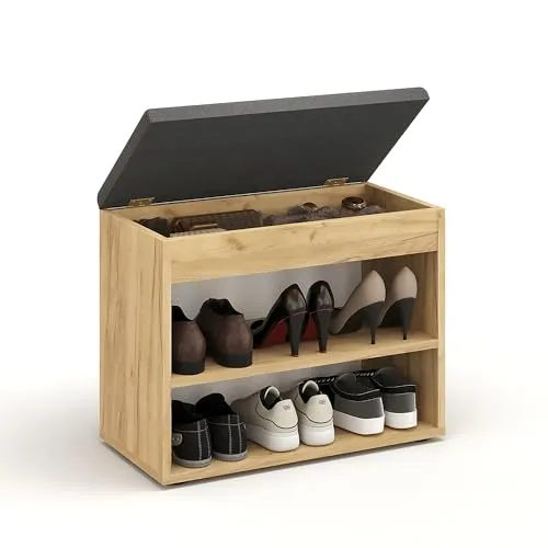 KOMTO Schuhbank mit Sitzfläche - Praktisches Schuhregal in Honig Eiche - Vielseitige Schuhbank mit Stauraum und gepolsterter Sitzfläche für bequemes Anziehen der Schuhe. Ideal für Flur und Garderobe, Maße: 60x48x32 cm, einfache Montage mit Videoanleitung.