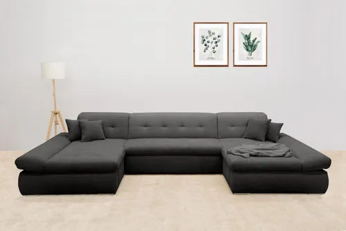 DOMO collection Wohnlandschaft MORIC wahlweise mit Bettfunktion und Armteilverstellung, XXL, U-Form, beidseitig mit Recamiere, incl. Zierkissen, Cord-Bezug