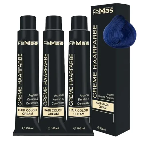 FemMas Haarfarbe Blau permanent - 3x100ml Pure & Mix Blue I Creme Haarfärbemittel mit Arganöl, Keratin & Ceramiden I Als dauerhafte Haarfarbe oder Tönung für strahlende Farbergebnisse