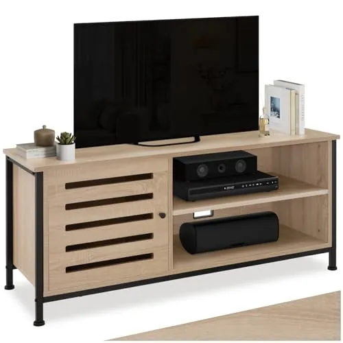 tectake® TV-Board im Industrial Style - Wohnzimmerschränke mit rauem Charme, 2 offene Fächer und ein Staufach mit Magnettür für stilvolle Ordnung und modernes Design.