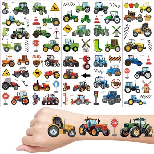 Traktor Tattoos für Kinder, 10 Blätter Bauernhof Auto Temporäre Tattoos, Kinder Tattoo Hautfreundlich, Schultüte Füllung, Mitgebsel Kindergeburtstag
