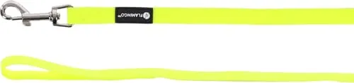 Hundeleine Flamingo Caspar Fluo Gelb – 5m x 17mm – Biothane mit Handschlaufe - Langlebige Hundeleine, ideal für Training und Spaziergänge. Hergestellt aus robustem Biothane, leicht zu reinigen und mit korrosionsbeständigen Karabinern. Perfekt für aktive Hunde, die gerne die Richtung wechseln.