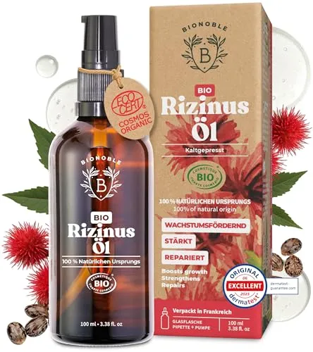 BIONOBLE Kaltgepresstes Rizinusöl Bio - 100ml - Vielseitiges Rizinusöl in Glasflasche mit Pipette für präzise Anwendung. Ideal zur Pflege von Haaren, Wimpern und Nägeln. 100% natürlich und vegan, perfekt für Ihre tägliche Routine.