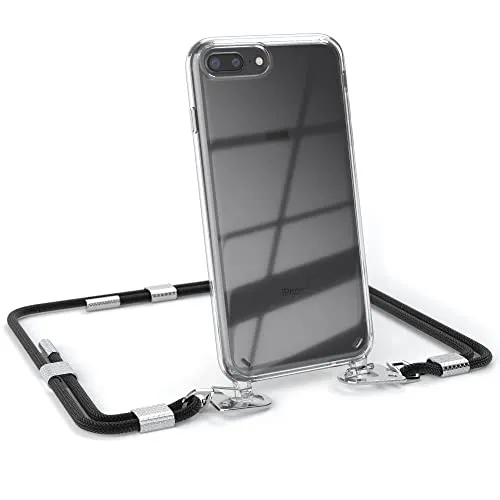 EAZY CASE - Handykette mit Karabiner kompatibel mit iPhone 8 Plus - Hülle Silikonhülle Fallschutz transparente Handyhülle Kette zum Umhängen Schutzhülle in Schwarz - Clips Silber