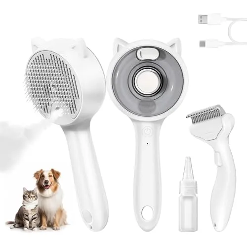 2-in-1 Dampf-Katzenbürste & Unterwolle-Entferner Set - Profi-Tierpflegebürste mit 2-Stufen-Kaltnebel, Entfilzen & Massage, USB-ladbar, Großvolumen-Wassertank für Lang- & Kurzhaarige Hunde & Katzen