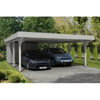 Skan Holz Carport Spessart 611 cm x 846 cm mit Abstellraum Weiß - Robuster Doppelcarport aus stabilen Leimholz mit 13 massiven Pfosten für optimale Sicherheit. Bietet Platz für zwei Fahrzeuge und schützt vor Witterungseinflüssen. Einfache Montage dank ausführlicher Anleitung.