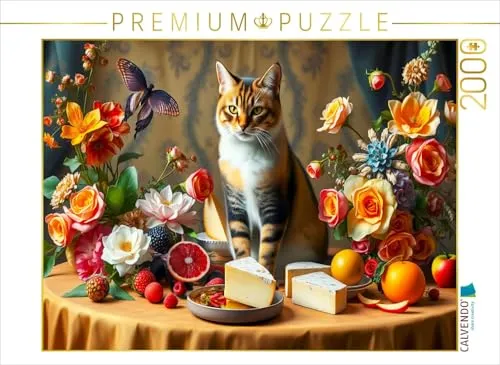 CALVENDO Puzzle Katze auf Tisch mit Blumen und Obst im Stil der Alten Meister | 2000 Teile Lege-Größe 90 x 67 cm Foto-Puzzle für glückliche Stunden
