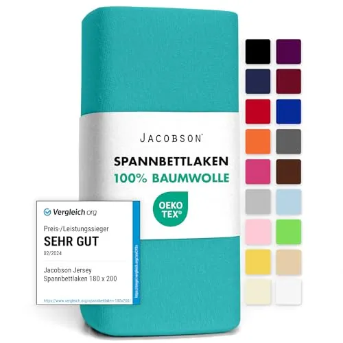 Jacobson Jersey Spannbettlaken Spannbetttuch Baumwolle Bettlaken (140x200-160x200 cm, Türkis)