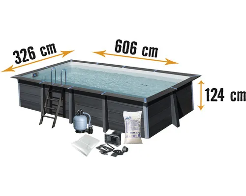 GRE Rechteckiger Composite Pool 606 x 326 x 124 cm mit GRATIS Reinigungsroboter - Holzpools: Moderner und langlebiger Pool aus witterungsbeständigem Material mit einfachem Stecksystem für schnellen Aufbau in nur 60-90 Minuten.