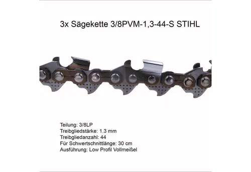 Fritz Krug Ersatzkette 3 Stück für Stihl Picco Super (PS) 3/8P 1.3 mm 44 TG - Hochwertige Ersatzkette für Stihl Kettensägen, sorgt für präzise Schnitte und hohe Langlebigkeit. Ideal für den professionellen Einsatz im Garten- und Landschaftsbau.