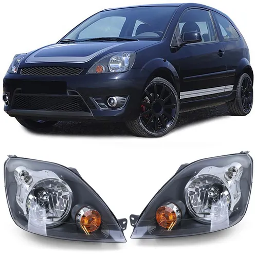 Scheinwerfer H4 Schwarz mit Motor Paar für Ford Fiesta JH JD 05-07 - Frontscheinwerfer für Ford Fiesta, Halogen-Technologie für optimale Sicht und modernes Design, ideal für einen stilvollen Fahrzeugauftritt.