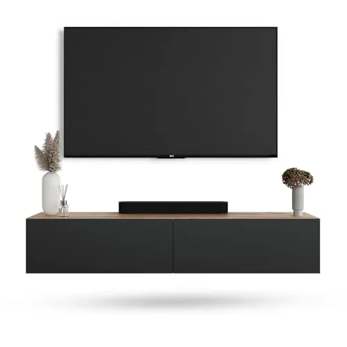 Planetmoebel TV Board WEST Gold Eiche / Anthrazit 160 cm - Monitorzubehör mit schwebender Optik, flexibel wandmontierbar oder freistehend, hochwertiges Soft-Close-System für sanftes Türschließen.