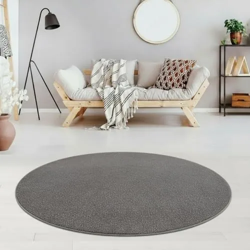 Jimri Teppich Lotus - Einfarbiger Kurzflor Läufer, Rund, Grau - Teppich für Wohnzimmer, maschinell gewebt aus 100% Polypropylen, schmutzabweisend und pflegeleicht, ideal auch für Fußbodenheizungen.