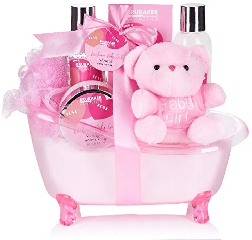 BRUBAKER Cosmetics 7-teiliges Baby Geschenkset Mädchen - Geschenk für Neugeborene Babyparty Mädchen - Babypflege Set mit Wanne und Plüschbär - Baby Geschenk Rosa