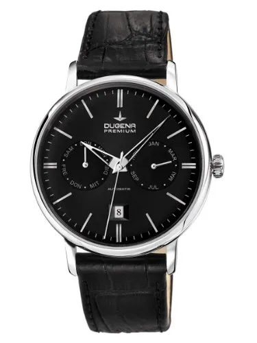 Dugena Mechanik Herren-Armbanduhr Festa Kalender Automatik - Elegante Herren-Armbanduhr mit Automatikwerk und 40 Stunden Gangreserve. Stilvoll in Weiß und Silber, Saphirglas für Langlebigkeit. Das schwarze Lederarmband sorgt für Komfort – ideal für jeden Anlass.
