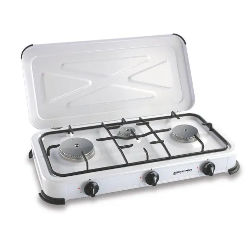 Kemper Gasherd 3 Brenner Edelstahl 3,65 kW - Campingkocher mit 3 leistungsstarken Edelstahlbrennern für vielfältiges Kochen, ideal für Outdoor und Camping. Deckel fungiert als Windschutz.