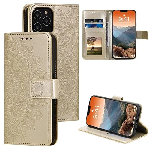 CoverKingz Handy Case kompatibel mit iPhone 12 Pro Max [6,7 Zoll] - Handy Cover mit Kartenfach Phonecase - Smartphone Hülle klappbar Motiv Mandala Gold