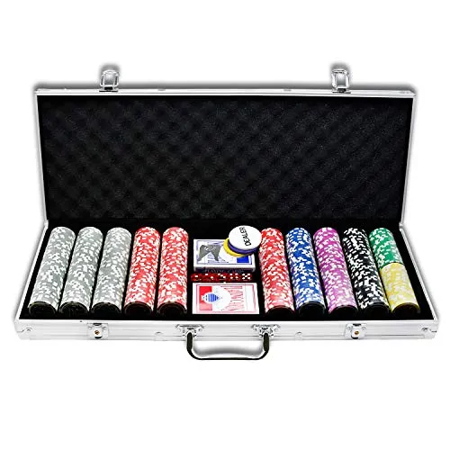 UISEBRT Pokerkoffer Set 500 Chips - Pokerset Laser inkl. 2X Pokerdecks, 5X Würfel, 3X Dealer Button (500 Chips, Silber Aluminium-Gehäuse)